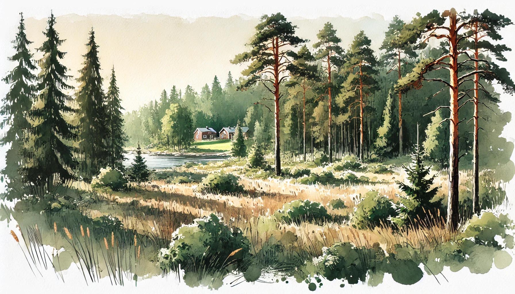 Idén om Räddningsboden föddes i skärgården. Artistisk illustration med skärgården. En vy med glimt av vatten, tallar, granar, små buskar och vildvuxen markvegetation. Längre bort skymtar man fritidshus av trä. Skapad med hjälp av AI.